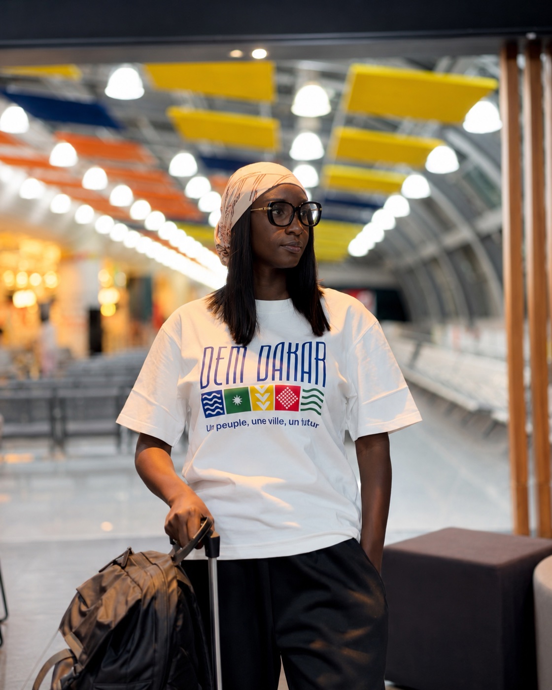 Femme portant le t-shirt DEM DAKAR blanc à l'aéroport