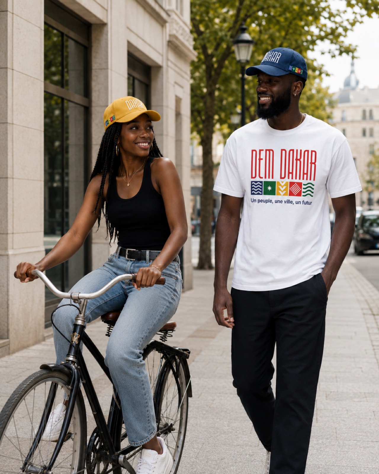 Couple portant DEM DAKAR dans la rue — la marque du mouvement